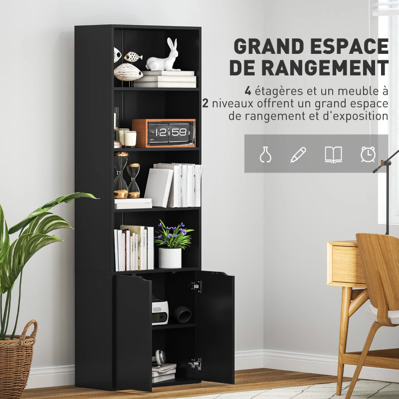 HOMCOM Bibliothèque Armoire à livres avec 4 compartiments ouverts et 2 portes pour le salon et le bureau 59x29x180 cm Noir