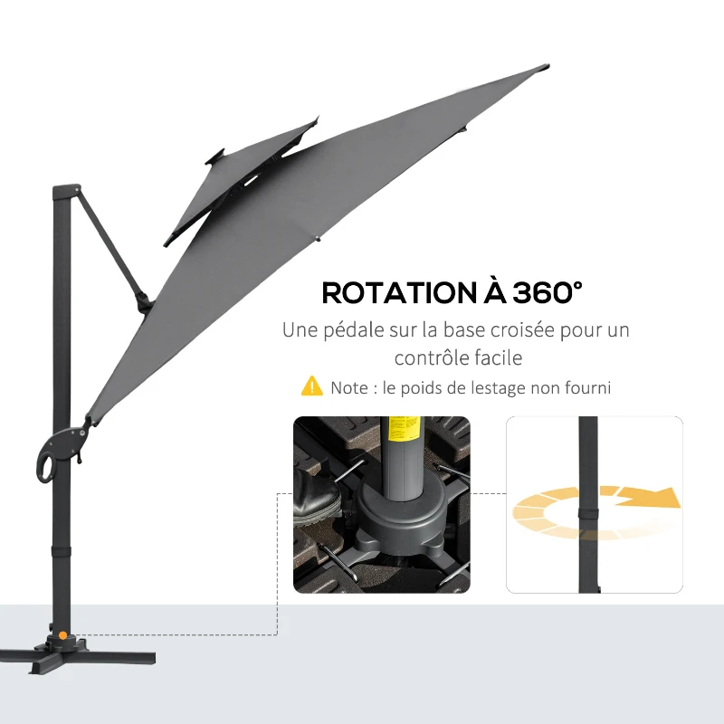 Outsunny Rechteckiger LED-Cantilever-Sonnenschirm, neigbar, drehbar, mit Kurbel, Stahl-Aluminium-Gestell, Maße 3L x 3B x 2,66H m, Polyester Grau