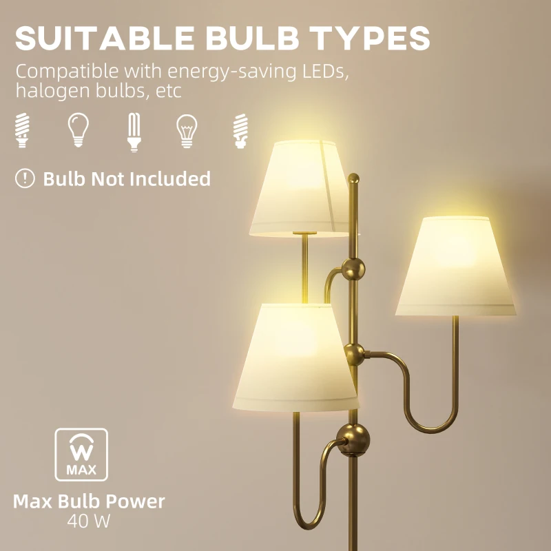 HOMCOM Floor Lamp, 165 cm Tall Standing Lamp with 3 Light and Foot Switch for Living Room, Bedroom, Bedside, Office, E27 Base Without Bulb (40W Max)