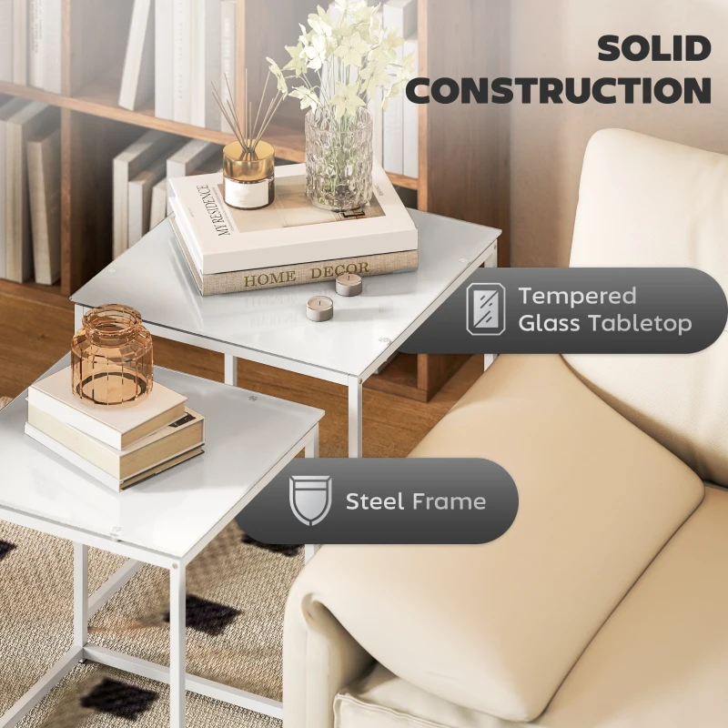 HOMCOM Nest of Tables, Set of 2 Coffee Table, Side Tables with Tempered Glass Desktop and Metal Frame for Living Room, Bedroom, Office, White