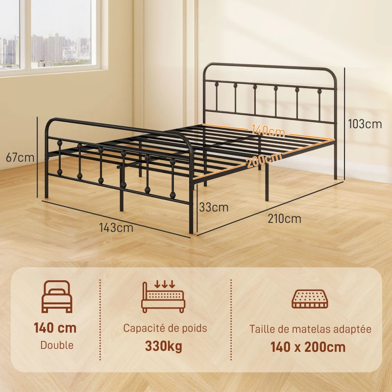 HOMCOM Cadre de lit 140 x 200 cm 2 personnes en acier sommier à lattes tête de lit et pied de lit rangement sous le lit noir
