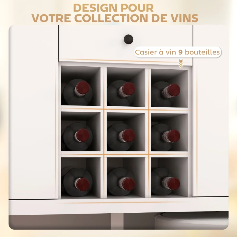 HOMCOM Buffet meuble de rangement avec 2 tiroirs, 2 portes étagères réglables et porte-bouteilles pour 9 bouteilles, blanc