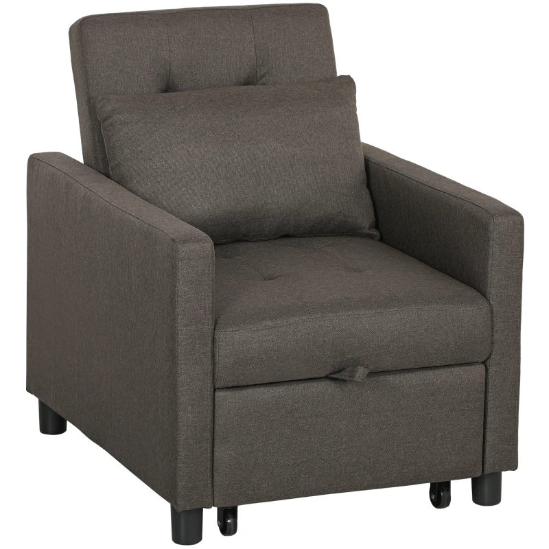 HOMCOM Sofá Cama Individual Poltrona com 4 Rodas Encosto Reclinável Almofada Extra e Assento Acolchoado 69x82,5x84 cm Cinzento