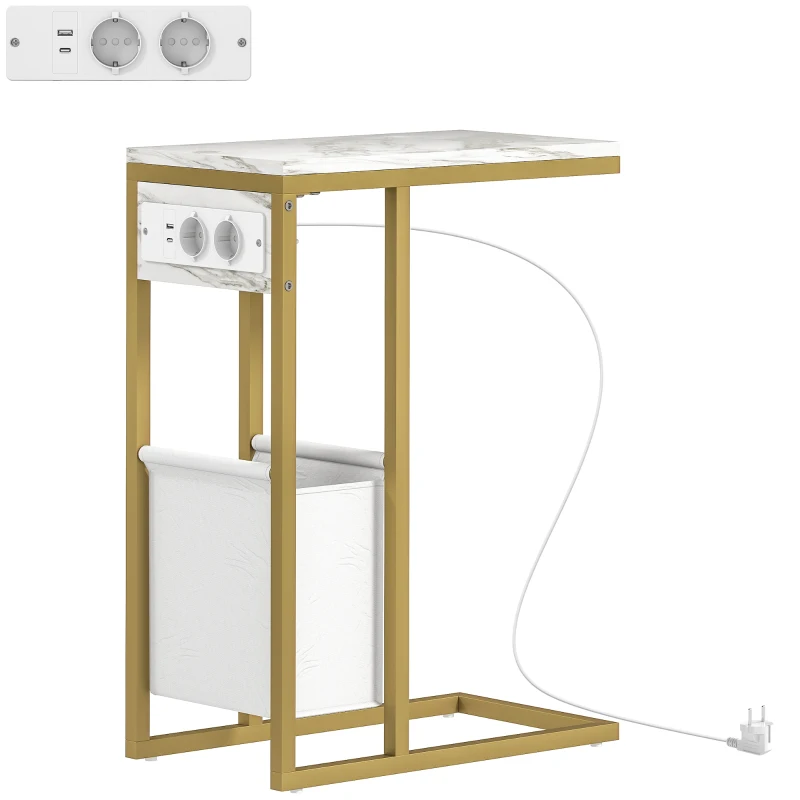 HOMCOM Table d'appoint forme C avec station de charge sac de rangement en tissu plateau aspect marbre, 46 x 25 x 62,5 cm, blanc