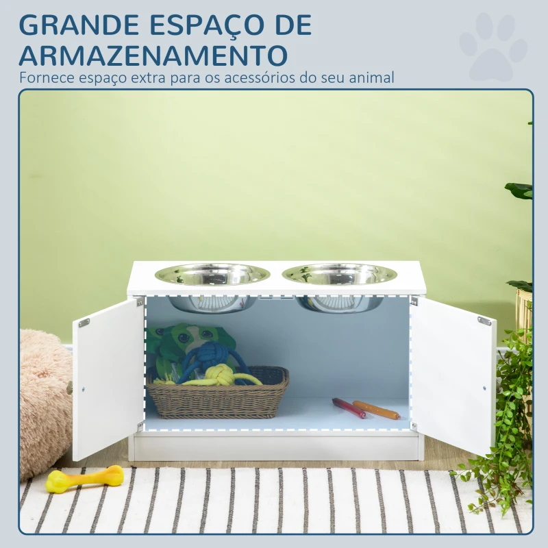 PawHut Comedouro Elevado para Cães Grandes com 2 Tigelas de 2000ml de Aço Inoxidável 2 Portas e Armazenamento 60x30x35,5cm Branco