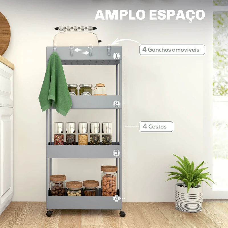 HOMCOM Carrinho Auxiliar com Rodas Carrinho de Armazenamento com 4 Cestas e 4 Ganchos Amovíveis 40x19x90 cm Cinza