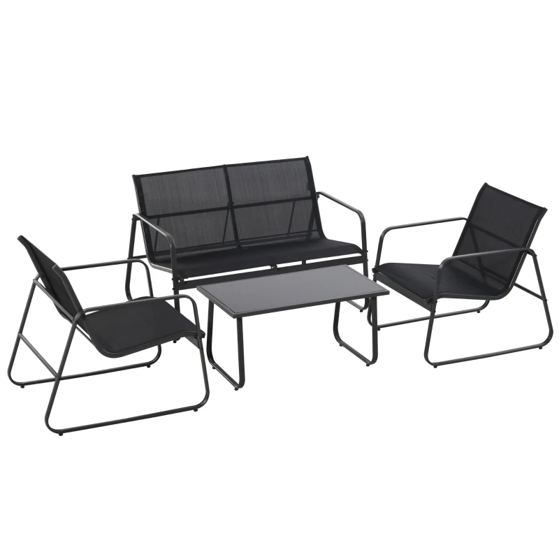 Outsunny Set Tisch mit Bank und 2 Stühlen für den Garten, Gartenmöbel-Set aus Metall und Texteline, Schwarz