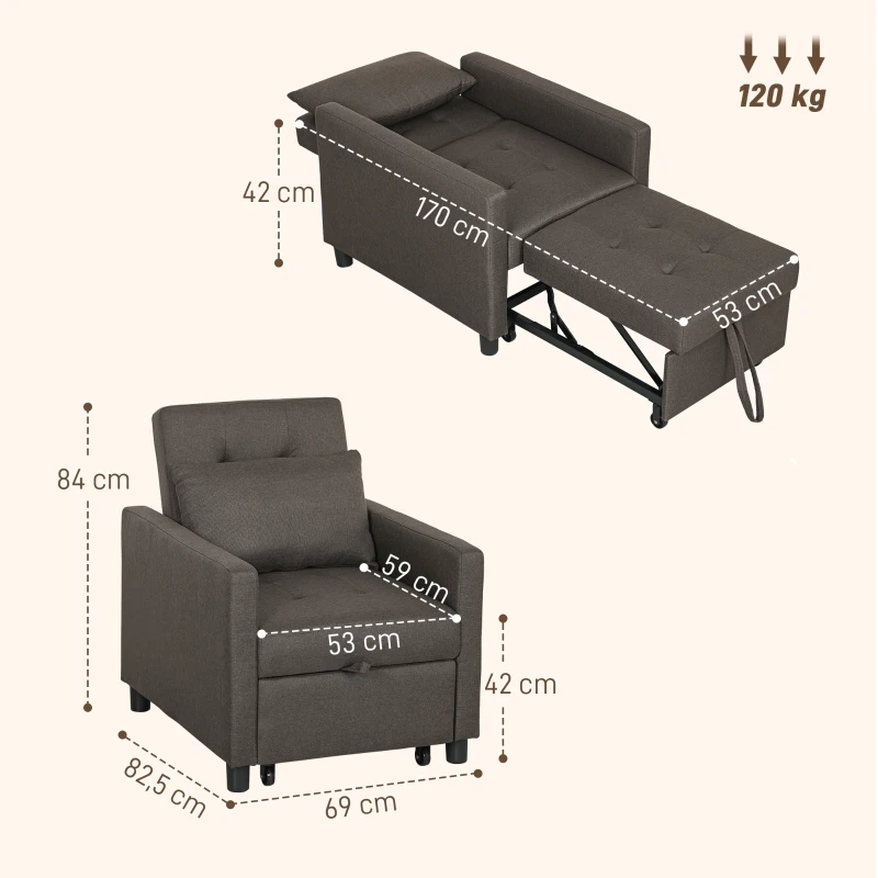HOMCOM Sofá Cama Individual Poltrona com 4 Rodas Encosto Reclinável Almofada Extra e Assento Acolchoado 69x82,5x84 cm Cinzento