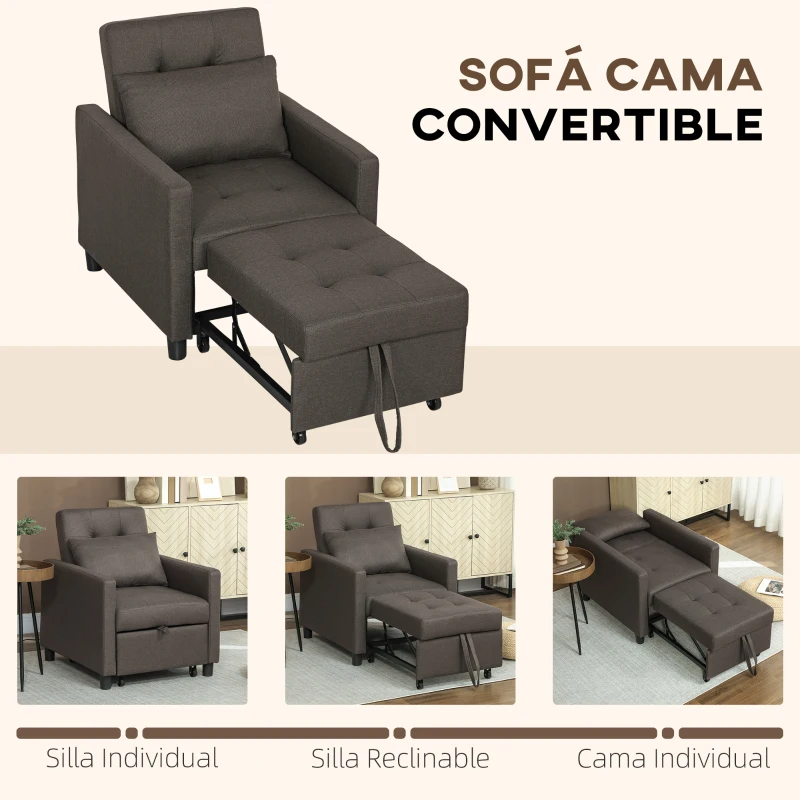 HOMCOM Sofá Cama de 1 Plaza Tapizado en Lino con Respaldo Ajustable de 3 Niveles y Almohada Acolchada 69x82,5x84 cm Marrón