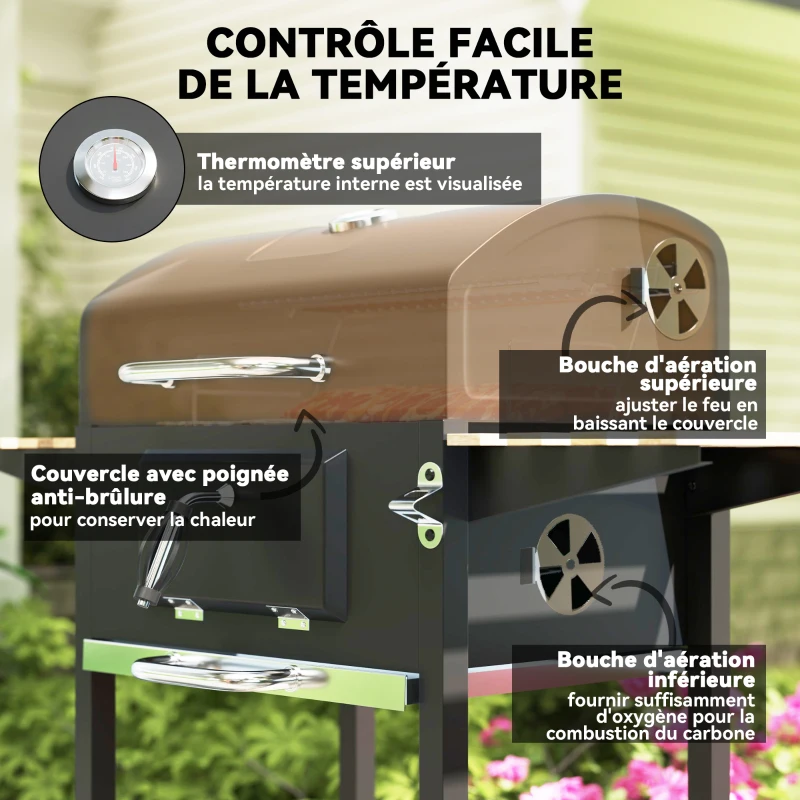 Outsunny Barbecue charbon de bois réglable en hauteur avec grille, couvercle, thermomètre, étagères, roues et décapsuleur, noir