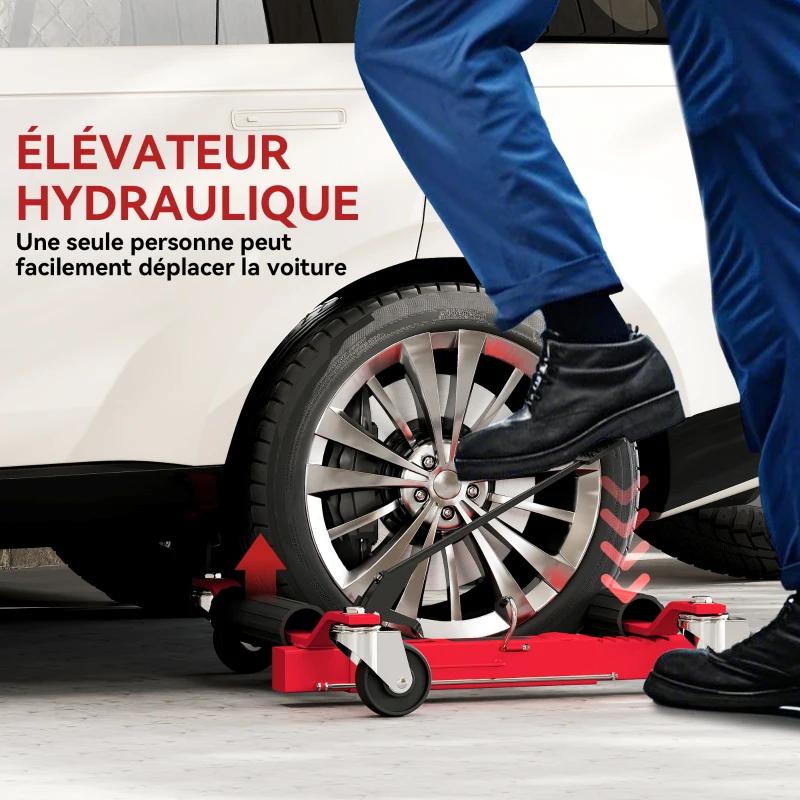 HOMCOM Chariot de manutention de voiture capacité 680 kg largeur de pneu 30 cm, 63 x 57-72 x 33 cm, rouge