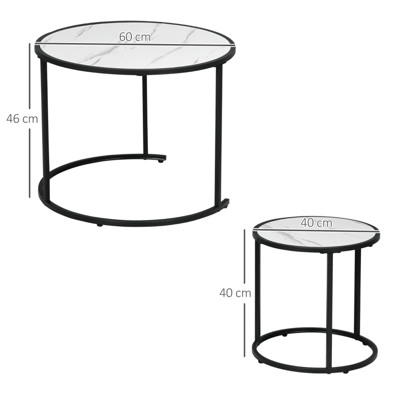 HOMCOM Juego de 2 Mesas Auxiliares Redondas Apilables Mesas Nidos con Encimera en Efecto de Mármol Ø60x46 cm y Ø40x40 cm Blanco