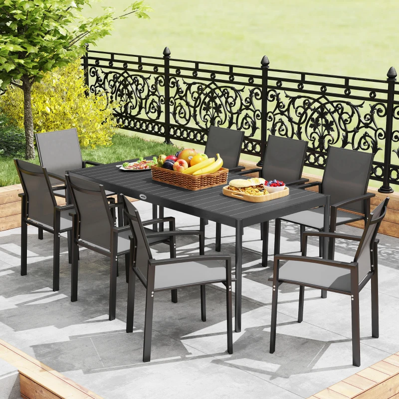 Outsunny Garten-Esstisch aus Stahl, Gartentisch für 8 Personen mit rechteckiger Lamellen-Tischplatte 186 x 90 x 74 cm Dunkelgrau