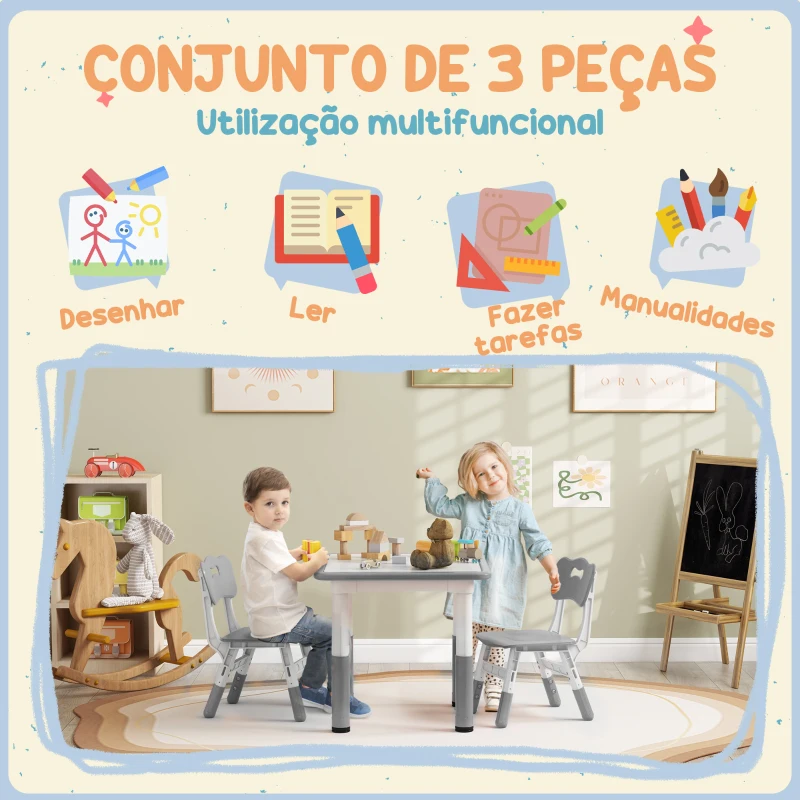 AIYAPLAY Mesa e Cadeiras para Crianças de 3 Peças com Altura Ajustável para Sala de Jogos Quarto Escola Infantil Branco e Cinza