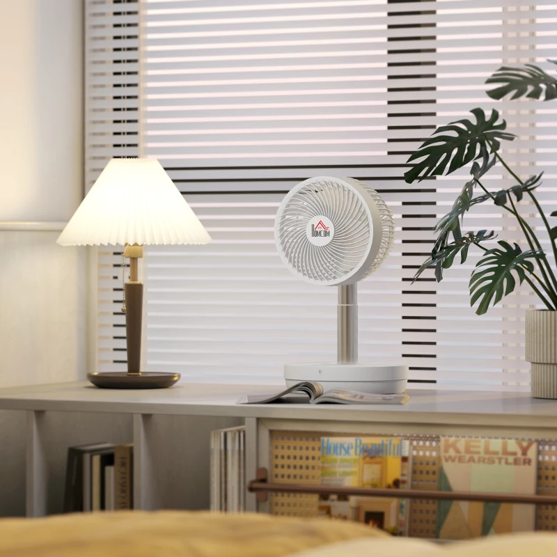 HOMCOM Schreibtischventilator mit Fernbedienung und wiederaufladbarer Batterie, USB-betrieben, verstellbare Neigung und Höhe, Weiß