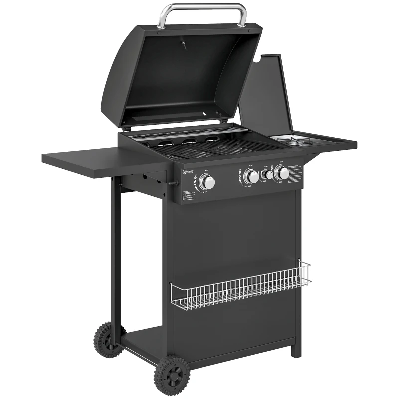 Outsunny Barbecue gaz 3+1 brûleurs en acier, puissance 9,5 kW, barbecue de jardin 2 grilles étagères latérales, 2 roues, noir