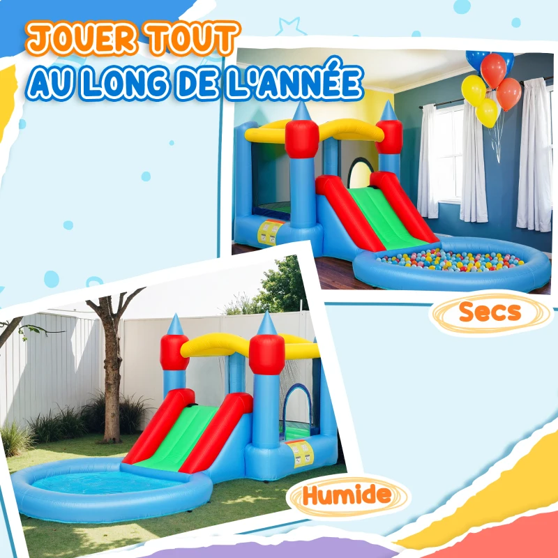 AIYAPLAY Aufblasbares Schloss 4-in-1 mit Rutsche, Basketballkorb, Bällebad, Gebläse 370W, 415 x 205 x 190 cm