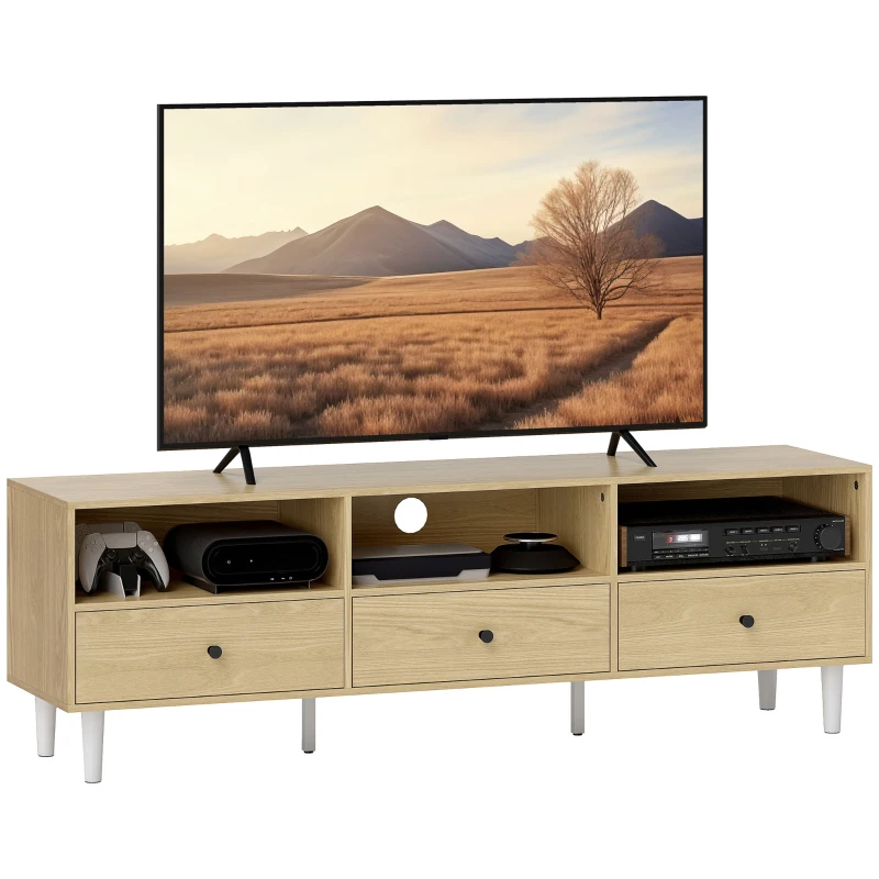 HOMCOM TV-Möbel bis zu 75" mit 3 Schubladen, 3 offenen Regalen und Kabeldurchführung, 140 x 34 x 45 cm, Naturholz