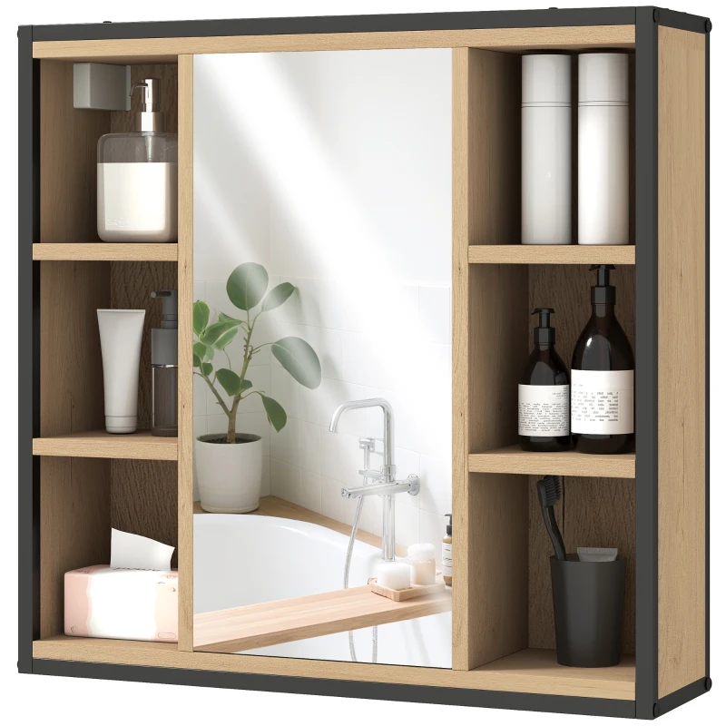 HOMCOM Armário de Casa de Banho com Espelho Prateleira Ajustável e 6 Compartimentos Abertos 60x16x58,5 cm Madeira