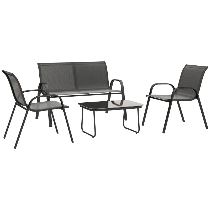 Outsunny Garten-Set mit Zweisitzer-Sofa, 2 stapelbaren Sesseln und Glastisch, Schwarz