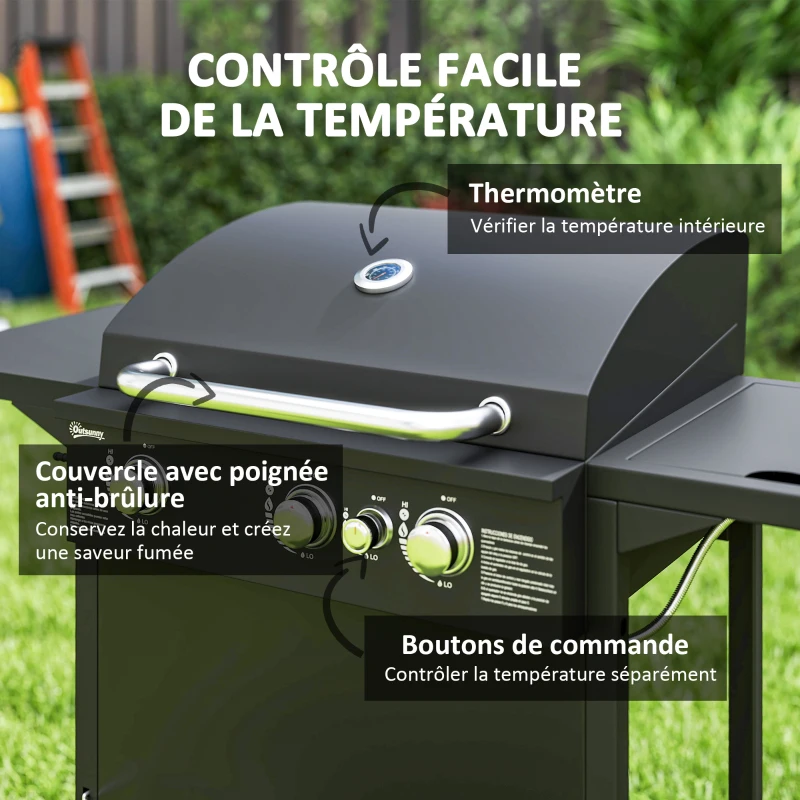 Outsunny Barbecue gaz 3+1 brûleurs en acier, puissance 9,5 kW, barbecue de jardin 2 grilles étagères latérales, 2 roues, noir