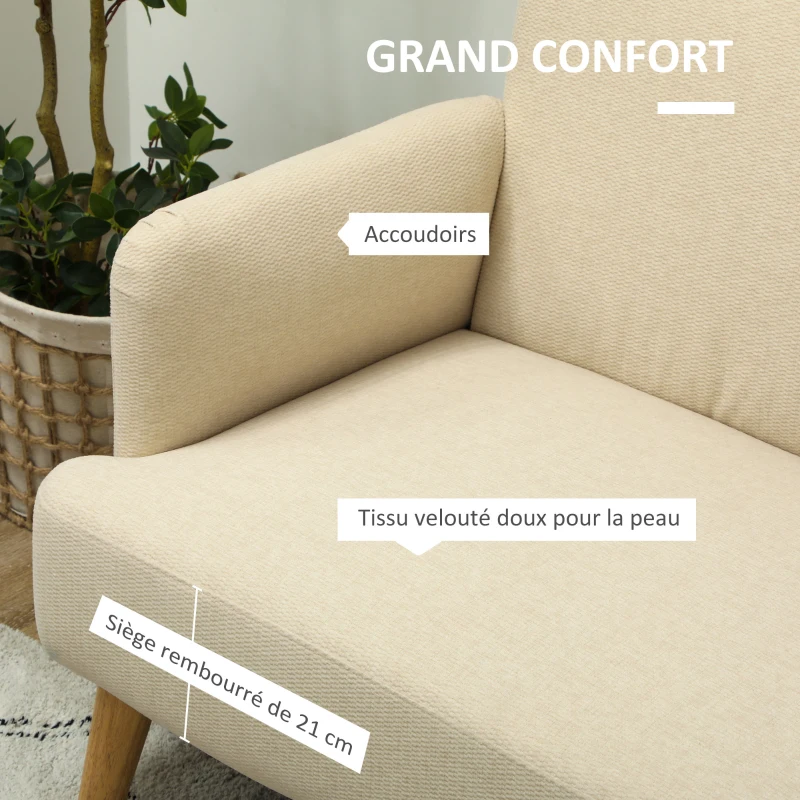 HOMCOM Canapé 2 places 130 cm style moderne avec accoudoirs et assise rembourré, tissu effet velours, charge 240 Kg, crème(m-4)