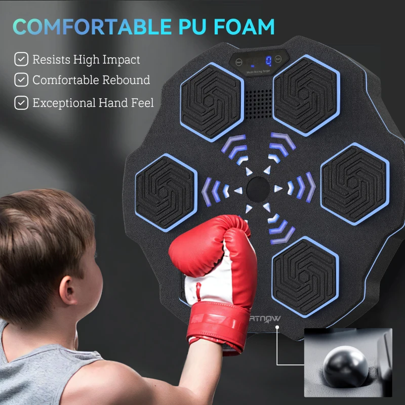 SPORTNOW Music Boxing Machine, Smart Bluetooth Boxing Machine Wall Mounted with 9 Speeds & Modes, LED Lights, Punching Pad for Adults, Black