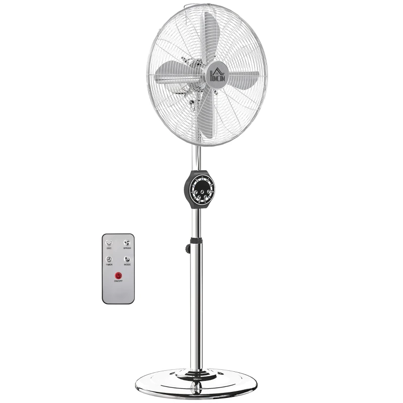 HOMCOM Höhenverstellbarer Standventilator 120-135 cm, 75° Oszillation, 7,5 Stunden Timer, Fernbedienung, Schlafmodus, Silber