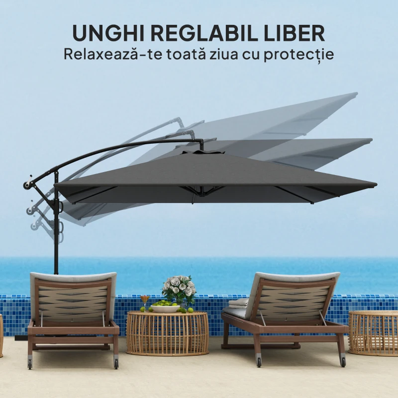 Outsunny Umbrelă Laterală cu Acoperiș Reglabil, Bază în Cruce, Orificii de Ventilație și Manivelă, 355x390x250 cm, Gri