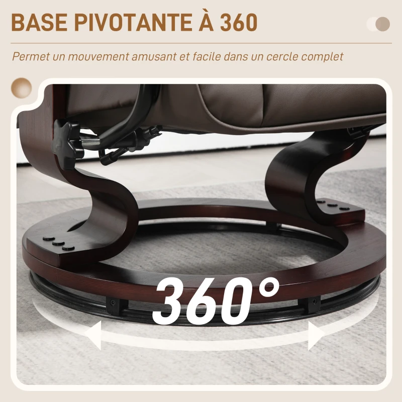 HOMCOM Fauteuil de relaxation inclinable avec repose-pied, pivotant, cadre en bois , revêtement synthétique marron