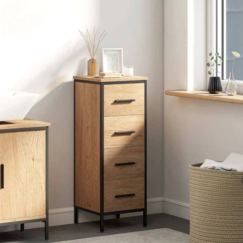 HOMCOM Meuble de salle de bain étroit avec 4 tiroirs et structure en acier, 30 x 30 x 82 cm, chêne