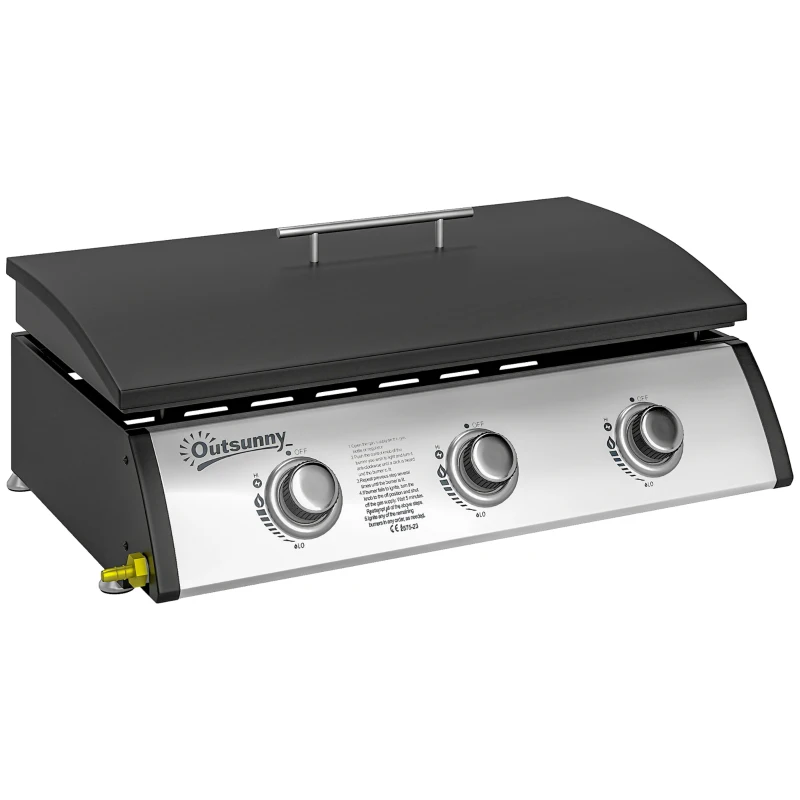 Outsunny Plancha gaz 3 brûleurs 7,5 kW, surface cuisson 61 x 35,5 cm avec couvercle, gaz liquéfié/propane, 63 x 47 x 25 cm noir