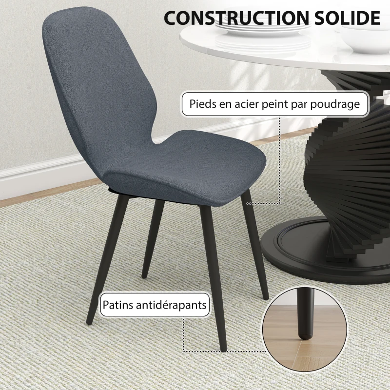 HOMCOM Lot de 2 chaises de salle à manger avec pieds en métal, dossier incurvé et assise rembourrée, gris