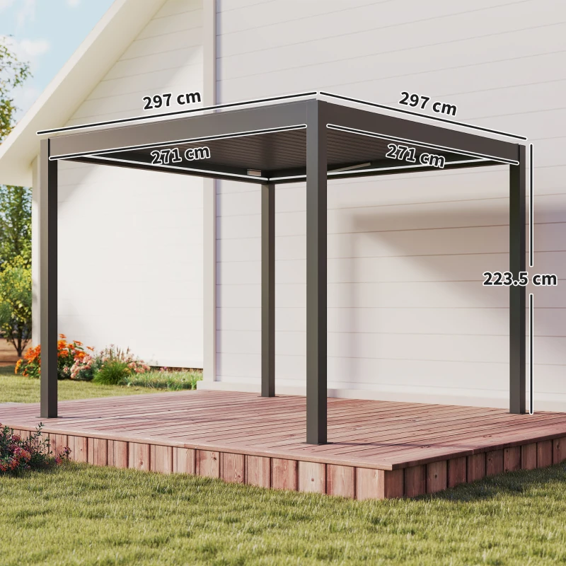 Outsunny 3 x 3(m) Electric Louvered Pergola with LED Lights, Aluminium Pergola Hardtop Gazebo with Remote, Adjustable Roof and Drainage System, Water and UV Proof