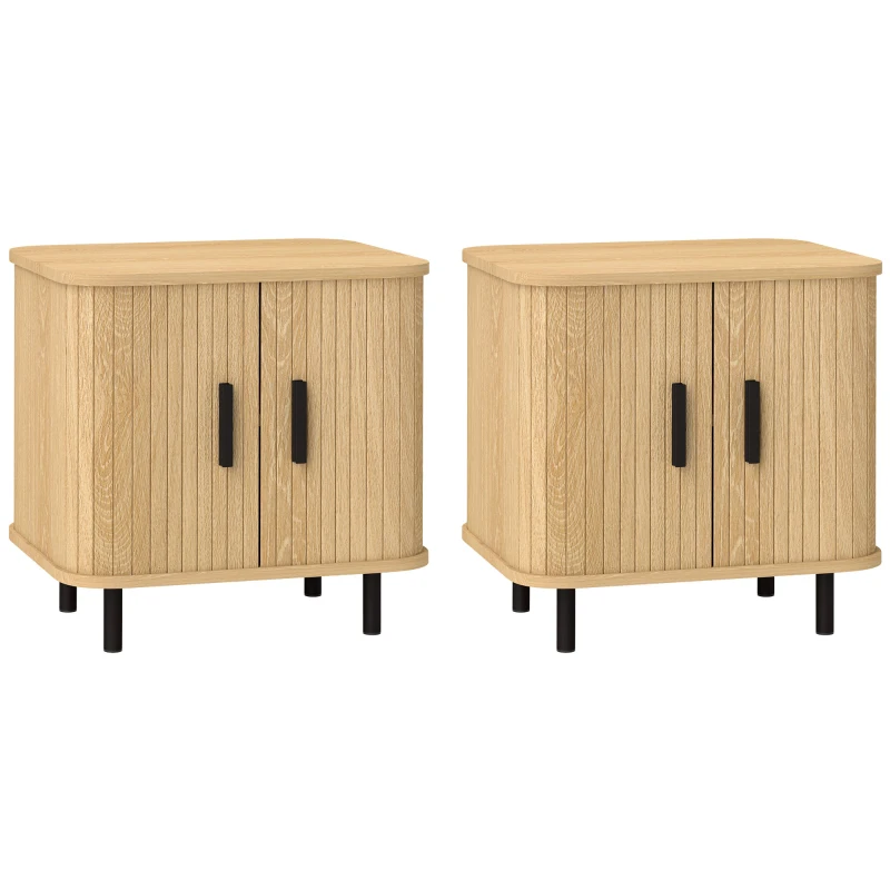 HOMCOM Pack de 2 Mesitas de Noche con Puertas Correderas 2 Estantes y Patas de Acero Estilo Escandinavo 48x40x48 cm Roble