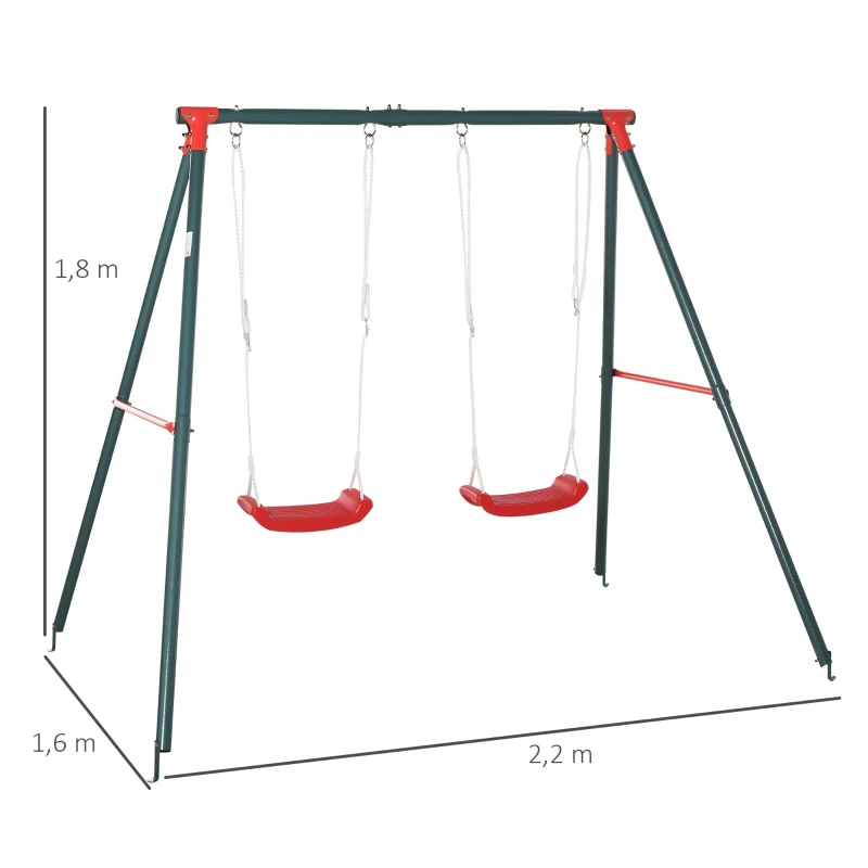 Outsunny Doppelschaukel für Kinder +3 Jahre mit Metallständer Kinderschaukelspiel Verstellbares Seil im Freien Maximale Belastung 40kg 239x156x180 cm Grün Rot
