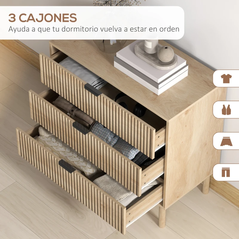 HOMCOM Cómoda de Dormitorio Estilo Nórdico con Cajones Amplios Paneles Acanalados y Tiradores Metálicos 80x40x77,5 cm Roble