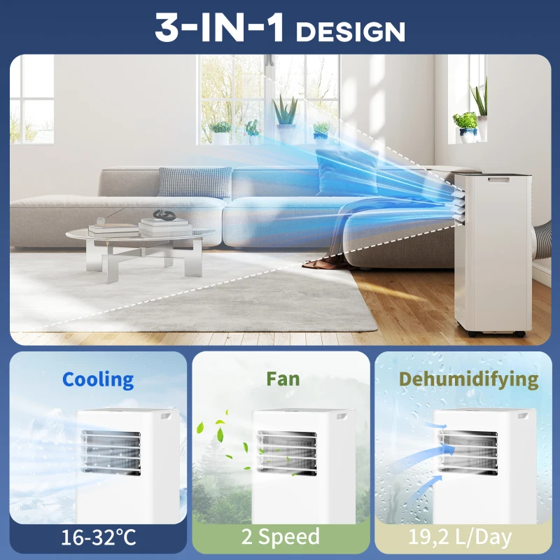 HOMCOM 3-in-1 Airco, Ventilator met LED-Display, Wasbare Filter, Timer, Wit