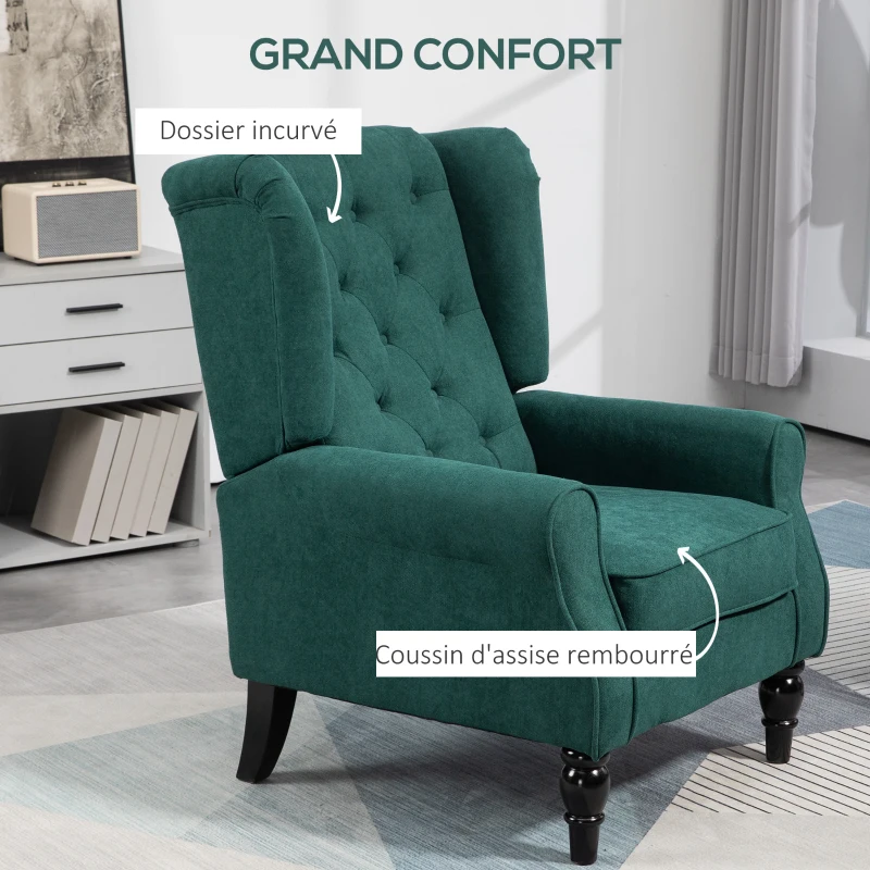 HOMCOM Fauteuil de salon capitonné avec assise large, pieds en bois, style classique, grand confort, 74 x 86 x 102 cm, vert