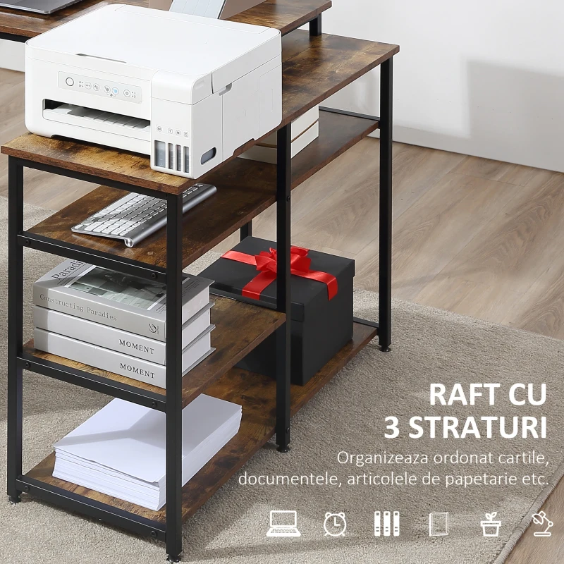 HOMCOM Birou Colțar cu Etajeră cu 3 Rafturi în Stil Industrial Maro
