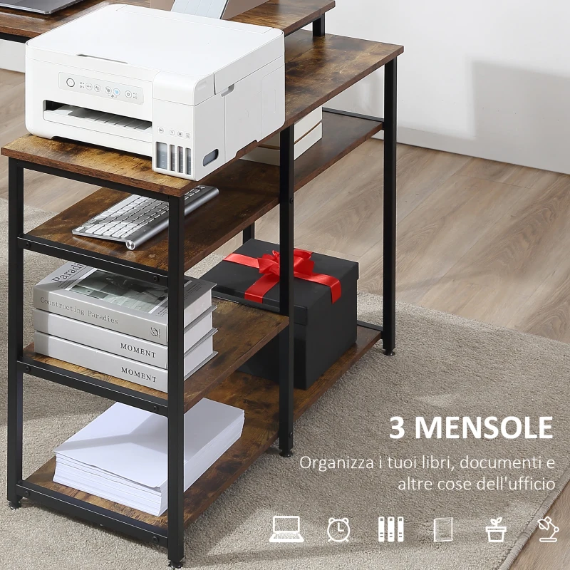 HOMCOM Scrivania Angolare con Scaffale a 3 Ripiani in Stile Industriale, 135x90x79 cm, Marrone e Nero