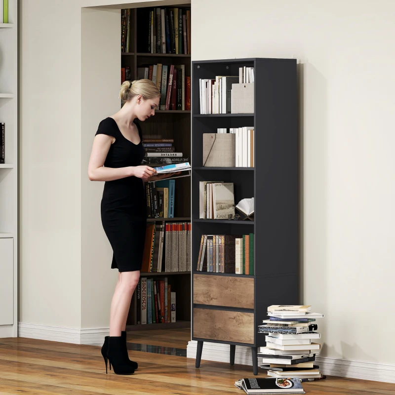 HOMCOM Bücherregal Aufbewahrungsregal mit 4 offenen Fächern und 2 Schubladen, 60 x 30 x 179 cm, grau