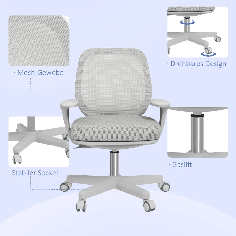 Vinsetto Bürostuhl, Ergonomisch Schreibtischstuhl mit Drehfunktion, Höhenverstellbar 55 x 48 x 82,5-94,5 cm Grau(m-7)