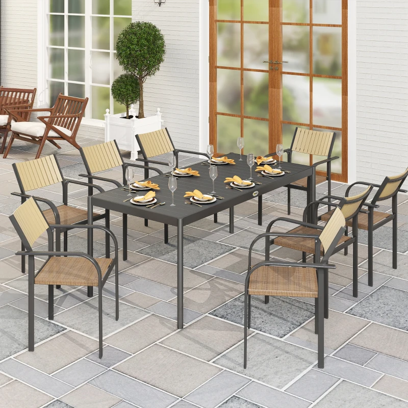 Outsunny Garten-Esstisch aus Stahl, Gartentisch für 8 Personen mit rechteckiger Lamellen-Tischplatte 186 x 90 x 74 cm Dunkelgrau