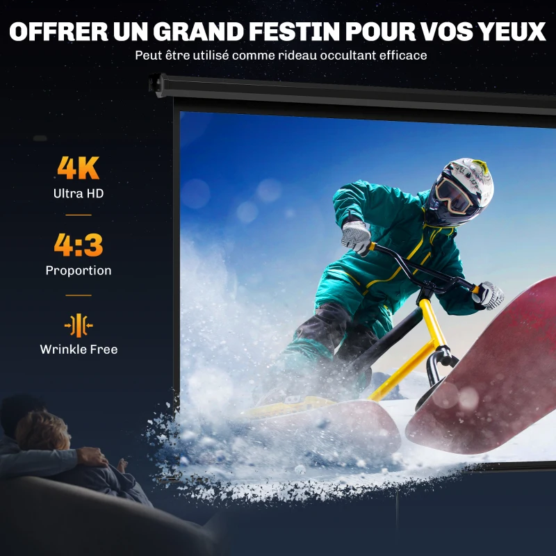 HOMCOM Écran de projection de 84 pouces, écran vidéoprojecteur, 4:3 4K HD, fixation mur ou plafond, 181l x 8P x 138H cm, noir
