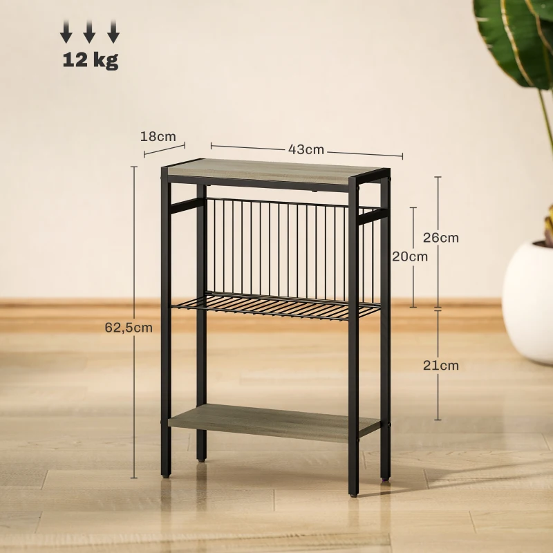 HOMCOM Table d'appoint étroit à 3 niveaux avec étagères de rangement, cadre en acier, pour salon, chambre, 43x18x62,5cm, gris