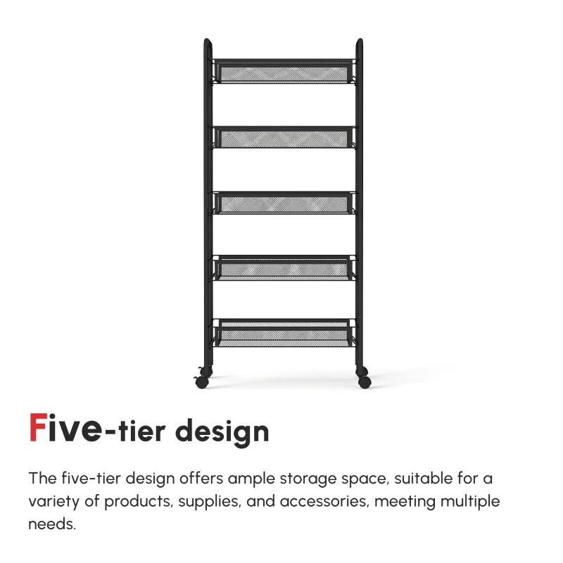 HOMCOM Five-Steel Mesh Basket Storage Trolley, with Wheels - Black