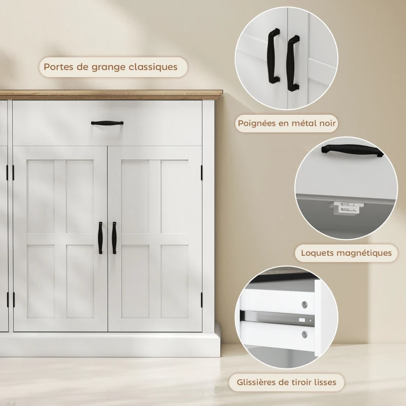 HOMCOM Buffet avec port USB et multiprise meuble TV avec 2 placards à portes de grange, 2 tiroirs et étagères réglables, blanc
