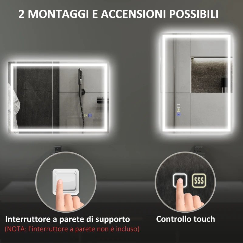 HOMCOM Specchio Bagno Antiappannante con Luce LED Regolabile, Speaker Bluetooth, Pulsanti Touch, 50x70 cm