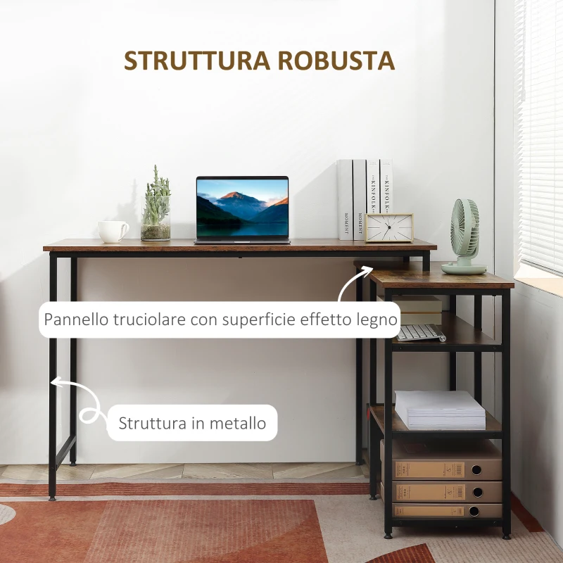 HOMCOM Scrivania Angolare con Scaffale a 3 Ripiani in Stile Industriale, 135x90x79 cm, Marrone e Nero